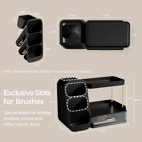 HBlife Bathroom Organizers and Storage with Brush Holder for Vanity, 3 Tier Plastic Makeup Organizer for Dresser Counter, Skincare, Lipstick, Perfume, and Cosmetic Storage, Black - color: Black, size: Medium