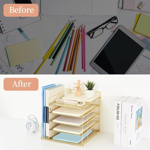 AUPSEN Desk Organizer with File Holder, 5 Trays Paper Letter Tray Organizer, Mesh Desk Organizers and Accessories for Home Office Supplies (Gold) - color: Gold 2
