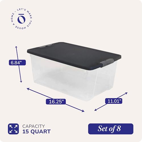 HOMZ 8-Pack Snaplock, Small Clear Plastic Storage Organizer Bins with Lids, 15 Quart, Gray - Stackable Container Boxes for Bedroom, Bathroom, Garage, and Office Organization - color: Gray Lid, size: 15 QT (8 Pack)