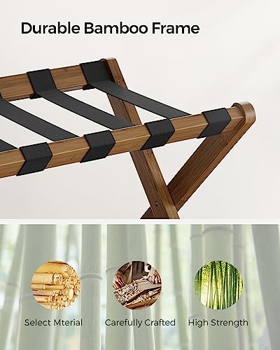 SONGMICS Luggage Rack, Folding Suitcase Stand with Storage Shelf, for Guest Room, Hotel, Bedroom, Heavy-Duty, Holds up to 131 lb, Walnut Brown URLR007D01 - color: Walnut Brown, size: 1 Pack