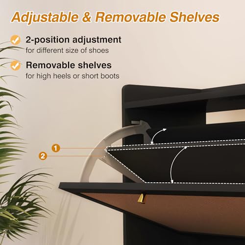 AVZEAR Narrow Shoe Storage Cabinet for Entryway with 2 Flip Drawers, Freestanding Shoe Cabinet with Natural Linen Panel, Slim Wood Shoe Organizer Closed Shoe Rack for Hallway, Foyer(Black) - color: Black, size: 2 Drawers