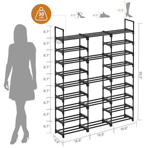 WOWLIVE 9 Tiers Large Shoe Rack Storage Organizer for Closet 50-55 Pairs Shoe Tower Unit Shelf Stackable Shoe Rack with Metal Pipes Plastic Connectors Black(SSS3B9) - color: Black, size: 3 Row 9 Tier