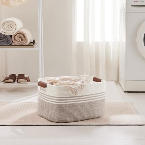 45L Small Laundry Basket with Leather Handles for Living Room Storage, Woven Rope Baskets Bin for Blanket, Kids Toy, Gifts, Wicker Hamper for Bedroom Dirty Clothes, 18"x14"x11" White Brown - color: Brown, size: 45L