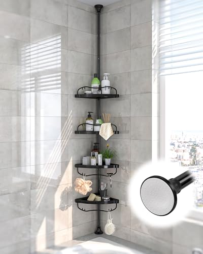Lilyvane Corner Shower Caddy: Rustproof 125" Tension Inside Shower Organizer, Adjustable Bathroom Organizer Shelves for Bathtub Shampoo Conditioner Storage, Floor to Ceiling Standing Caddy - color: Black