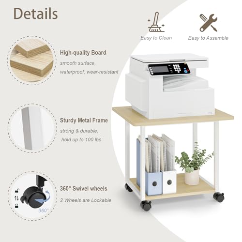 MARTY 22"x15.75" Large Under Desk Printer Stand with Storage Shelf 2-Tier Rolling Printer Cart with Wheels Printer Table for Home Office Heavy Duty Storage Rack for Scanner Fax Machine, Maple - color: Maple