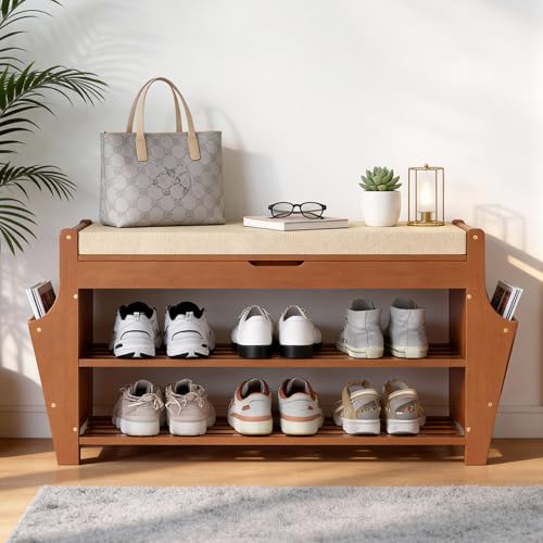 oakvivo 34.3in Shoe Bench, Bamboo 3-Tier Entryway Bench with Storage, Shoe Rack Organizer Holds Up to 330 lb, 34.3 x 11.8 x 18.9 Inches for Entryway Bedroom Closet Living Room Hallway - size: 34.3 inch