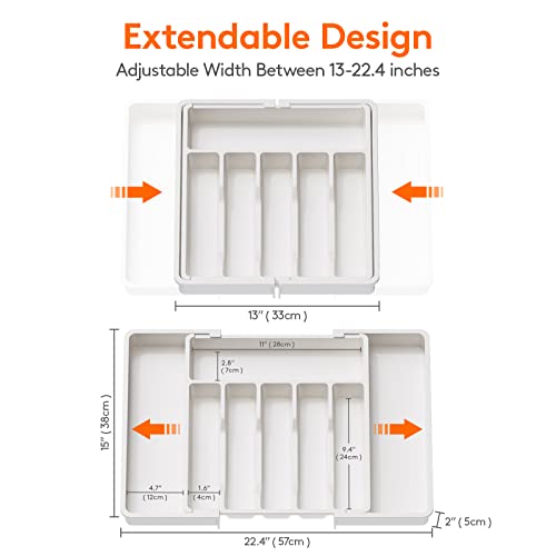Lifewit Silverware Drawer Organizer, Expandable Utensil Tray for Kitchen, BPA Free Flatware and Cutlery Holder, Adjustable Plastic Storage for Spoons Forks Knives, 13-22 x 15", White - color: White, size: XL (13-22''W x 15''D)