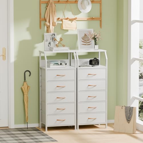 Furnulem 5 Drawers Dresser with Charging Station, Tall Night Stand with Open Shelf, Storage Tower with PVC & Fabric Drawer, Bedside Table for Bedroom, Closet, Entryway, 3 Ways to Use, White - color: White, size: 5 Drawer