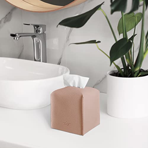 Carrotez Tissue Box Cover, [Refined] Modern PU Leather Square Tissue Box Holder - Decorative Holder/Organizer for Bathroom Vanity Countertop, Night Stands, Office Desk & Car 5"X5"X5" - Rose Pink - color: Rose Pink, size: [Square]