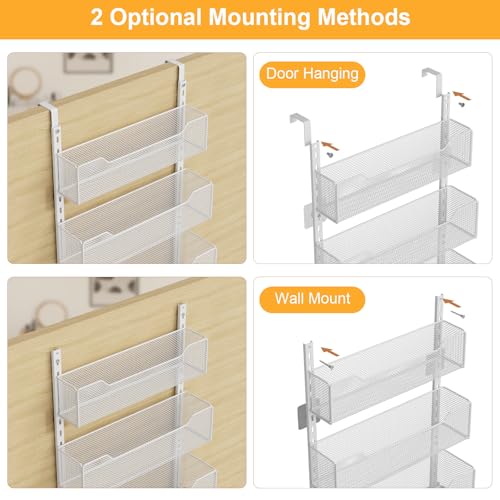 VyGrow Over the Door Storage Organizer with 3 Tier Mesh Baskets 2 Hanging Rods, 2 Mounting Options, Heavy Duty Clothes Hanger & Towel Rack for Bathroom Bedroom Office, White - color: White