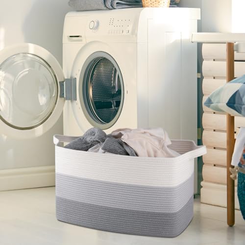 OIAHOMY Extra Large Blanket Basket, 95L Cotton Rope Woven Laundry Basket, Toy Bin for Baby Room, Container for Blanket Storage in Living Room, 24''×17''×14'', Gradient Grey - color: Gradient Grey, size: 95L