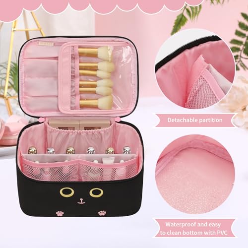 OCHEAL Makeup Bag,Travel Makeup Organizer Bag, Cute Cosmetic Bags for Women Girls Travel Toiletry Bag Traveling With Brush Slot And Divider-Cat - color: 0020_Black Cat, size: Medium