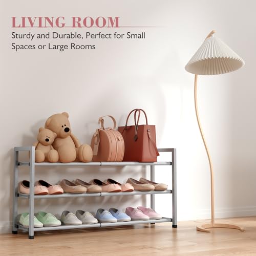 Bumusty 3-Tier Expandable Shoe Rack for Closet, 18“-33” Adjustable Shoe Rack for Small Space, Small Shoe Organizer for Front Door, Sturdy Metal, Light Grey - color: Light Grey, size: 3-Tier