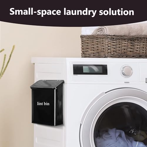 Magnetic Lint Bin with Lint Brush, two white hooks, one black back hook & all accessories for Laundry Room decor, Wall-Mounted Lint Bin with Lid, Powder Coated, Space-Saving Trash Can (Black) - color: Black