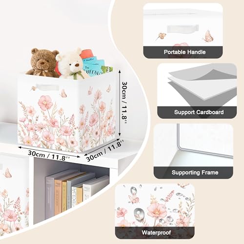 Clastyle 3 pcs 11.8'' Spring Summer Flower Storage Basket for Shelves with Metal Frame Large Butterfly Girl Clothes Toy Book Cube Bin for Bedroom Playroom,Pink - color: Watercolour