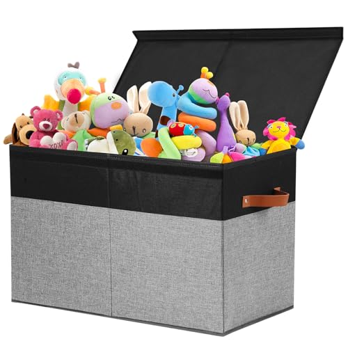Gowee Large Toy Storage Box with Lid, Sturdy Toys Storage Chest Bin Organizer Basket with Dividers for Kids, Boys, Girls, Nursery, Closet, Bedroom, Playroom 25"x13" x16" (Black and Grey) - color: Black and Grey, size: 25"x13" x16"
