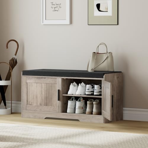 Homleke 2-Tier Storage Bench, Shoe Bench with Thickened Padded Seat Cushion, Entryway Bench with 2 Doors, Adjustable Shelf, 13.8" D x 37.4" W x 18.5" H, for Entryway, Living Room, Bedroom, Greige - color: Greige, size: 37.4"