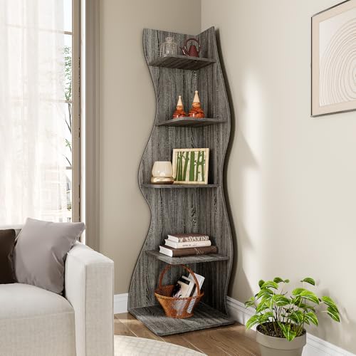 LITTLE TREE 70-Inch Corner Shelf, Seaweed Shaped Etagere Display Bookshelf, Freestanding 5-Tier Wall Shelves for Small Spaces, Living Room, Bedroom, Grey, 1 Pack - color: Grey, size: 1 Pack