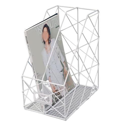 Modern Geometric Metal File Organizer for Desk, 8"×10"×12" Iron Mesh Magazine Holder, Desktop Document Rack Storage for Office Supplies, Vertical Book Stand File Folder Rack (White) - color: White