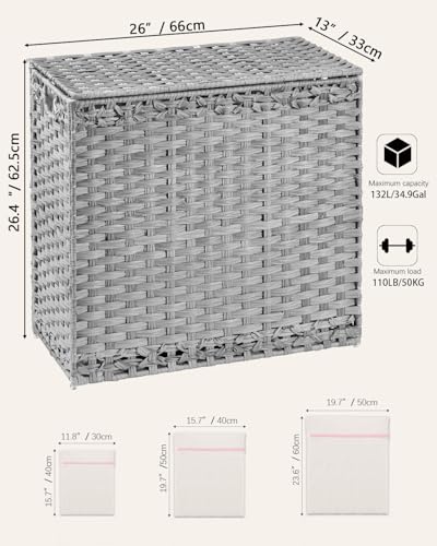 SETVSON Laundry Hamper with Lid Laundry Basket 132 L (35 Gal) Wicker Clothes Hamper, Handwoven Rattan Hamper with Handles and 4 Removable Liner Bags, 6 Mesh Bags for Laundry Bedroom Gray - color: Grey, size: 35.0 Gal