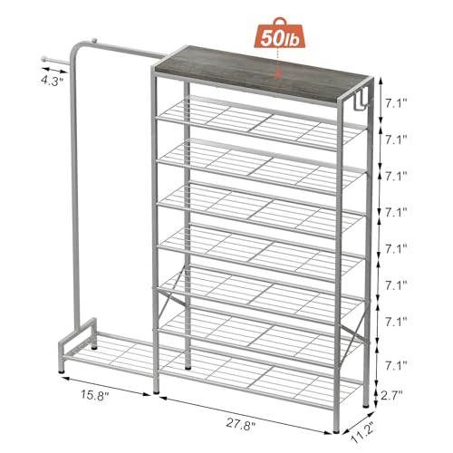 Shoe Rack with Coat Rack, 8 Tier Tall Shoe Storage Organizer with Hooks, 3-in-1, Wooden Top Shelf, Sturdy Frame, Metal Clothes Hanger Stand for Entryway, Closet, Silver - color: Silver