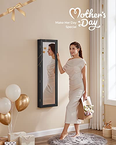 SONGMICS 6 LEDs Mirror Jewelry Cabinet, 47.2-Inch Tall Lockable Wall or Door Mounted Jewelry Armoire Organizer with Mirror, 2 Drawers, 3.9 x 14.6 x 47.2 Inches, Black UJJC093B01 - color: Black