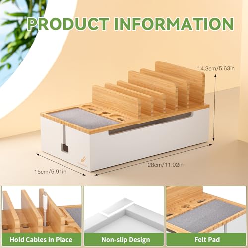 Pezin Hulin Multi Devices Charging Station, with USB Power Adapter HUB, and 6 Wire Cables - Cord Organizer Management, Cell Phone Charger Dock Stand, Desktop Cord Hider Box - Natural +White - color: Natural+White