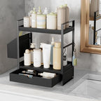 Kottwca 2-Tier Bathroom Counter Organizer with Drawer, Basket & Hooks, Wooden Vanity Shelf for Skincare, Perfume & Makeup Storage(Black) - color: Black