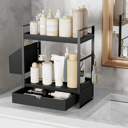2-Tier Bathroom Counter Organizer with Drawer and Basket, Wood Countertop Organizer for Storage, Skincare Organizers for Vanity, Counter Shelf for Bathroom Organization, Black - color: Black