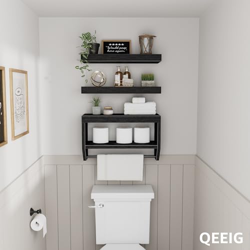 QEEIG Bathroom Floating Shelves for Wall - Shelf Over Toilet Paper Storage Farmhouse 16 inch Set of 3, Black (028-40B3) - color: Black