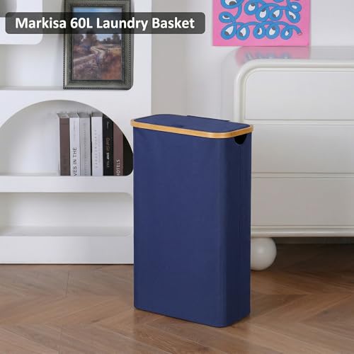 Slim Laundry Basket,60L Laundry Hamper with Lid, Tall Hamper for Laundry,Dirty Cloth Hamper with Bamboo Handle for Toys,Towels, Clothes Organizing, Navy Blue - color: Blue, size: 60L Slim