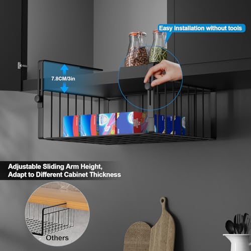 AmonHouseware 2Pack Under Shelf Basket Organizer,Adjustable Hanging Holder Storage for Cabinet Pantry Kitchen Cupboard Desk Counter Bookshelf Organization Add-on Space Saver Heavy Duty Slide-in,Black - color: Black