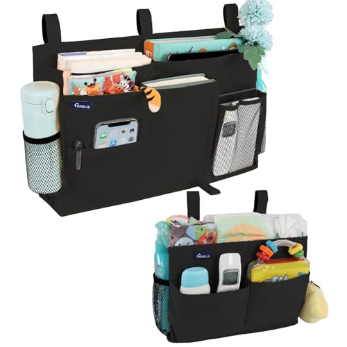 Surblue Bedside Caddy Bunk Bed Storage Organizer Hanging Pockets for College Dorm Rooms, Hospital Beds, Baby Bed Rails, Camping, RV, Small and Large Set, Black - color: Black, size: Small+Large