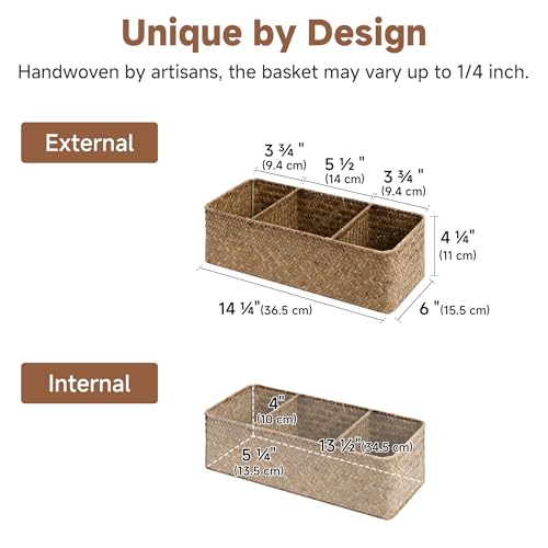 StorageWorks Toilet Paper Basket for Back of Toliet，with 3-Compartments, Basket Organizer, Seagrass Toilet Tank Basket, Brown, 2-Pack - color: Brown（seagrass）, size: 14¼"L x 6"W x 4¼"H