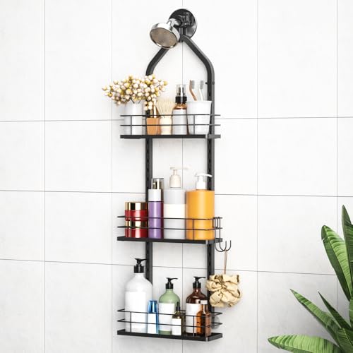 Shower Caddy Hanging, Adjustable Anti-Swing-Over The Shower Head Caddy, 3 Tier Height Bathroom Storage Organizer Bathroom Shelves Basket Rack Shower Caddies (3Tier) - color: black, size: 3tiers