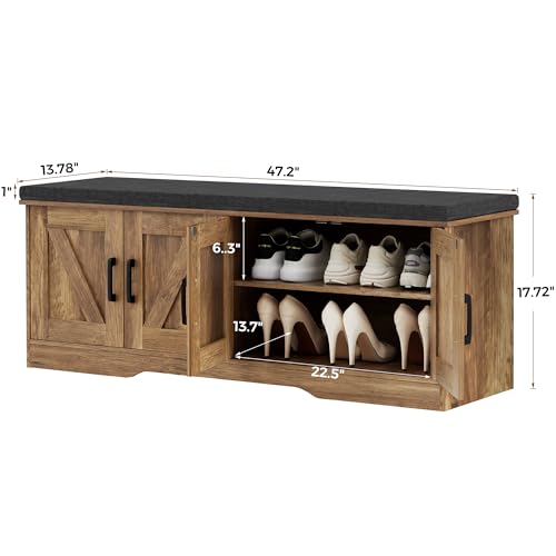 HOMSHO 2-Tier Storage Bench, 47.2" Wide Shoe Bench with Padded Seat Cushion, Entryway Bench with 4 Barn Doors and Adjustable Shelf, Rustic Walnut - color: Rustic Walnut, size: 47.2" Wide