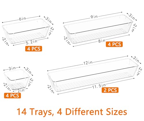 DCA 14 PCS Clear Drawer Organizer, Acrylic Makeup Organizers, Vanity Drawer Organizer Trays, Bathroom Organizers and Storage Bins Ideal Gift for Her