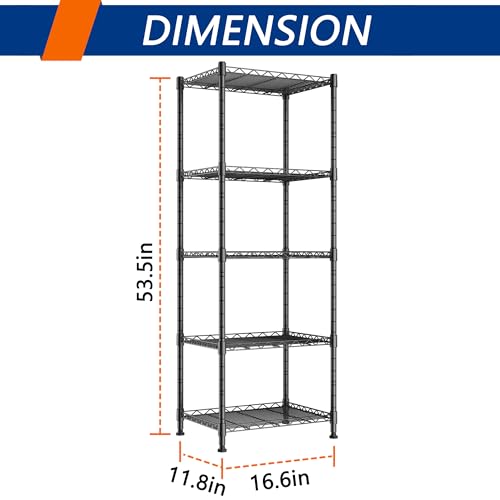 REGILLER 5-Wire Shelving Metal Storage Rack Adjustable Shelves,Standing Storage Shelf Units for Laundry Bathroom Kitchen Pantry Closet(Black,11.8" D x 16.6" W x 53.5" H) - color: Black, size: 5tier 11.8"D x 16.6"W x 53.5"H