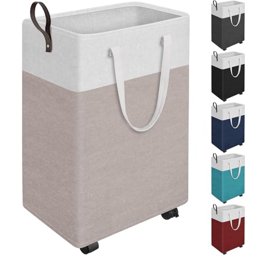 HomeHacks Laundry Basket with Wheels, Rolling Laundry Hamper, Collapsible & Waterproof Clothes Hamper, Narrow Corner Bins with Extended Handles for in the Family & Dorm 90L, Khaki - color: Khaki, size: 90L