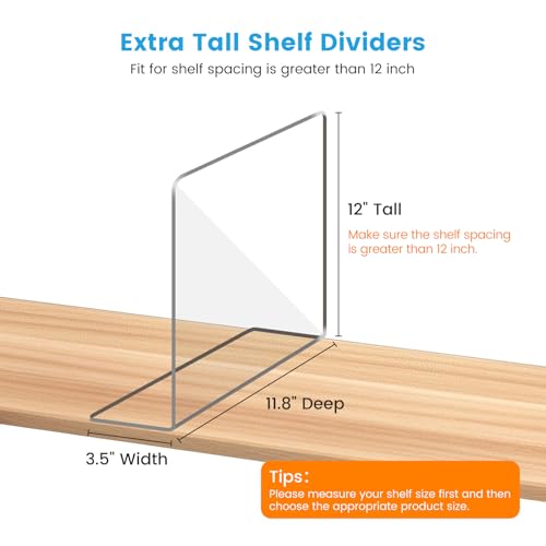 OKPOW Shelf Dividers Closet Organizer - 12" Tall X 11.8" Deep Acrylic Clear Sturdy Separate for Clothes Purse - Adjustable Space Saver Easy Install for Home Organization Enthusiasts 8 Pack - color: 8 Pack, size: Extra Tall 12" x Deep 11.8"