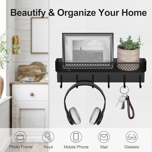 Lwenki Key Holder for Wall – Decorative Stainless Steel Key Hanger with 6 Hooks for Hats, Bags, Leashes – Mail Holder Key Rack with Mounting Hardware and Guide (9.65” x 2.8” x 2.2”) (Black) - color: Black