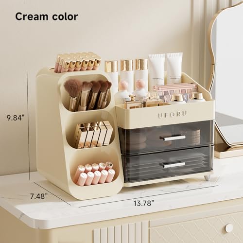 Makeup Organizer for Vanity with Brush Holder, Large Plastic Bathroom Countertop Skincare Organizer with 2 Drawers, Spacious Cosmetic Display Case for Perfumes, Eyeshadow Palettes, Nail Polishes - color: Cream White, size: Large