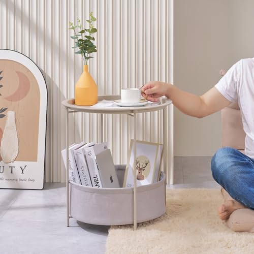 VECELO Round Side/End Table with Fabric Storage Basket，Metal Anti-Rust and Waterproof Small Bedside Nightstand with Removable Tray Top for Living Room，Balcony & Laundry，Grey /2pcs with Basket - color: Grey, size: 2 PCS