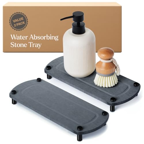 2PCS Water Absorbing Stone Soap Tray for Kitchen Bathroom Sink, Quick Dry Diatomaceous Earth Drying Rack and Shower Caddy, Soap Dispenser and Sponge Holder Organizer for Countertop, TWINKLE MOMENT; Dark Gray - color: Dark Gray