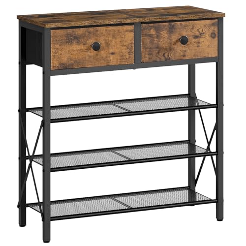 YATINEY 4 Tier Shoe Rack, Large Capacity Shoe Storage Organizer, Metal Shoe Shelf with Drawer and Wooden Top, for 16 Pairs of Shoes, for Entryway, Closet, Rustic Brown and Black SS24BR - color: Rustic Brown + Black, size: 27.7" x 10.8" x 29.6"