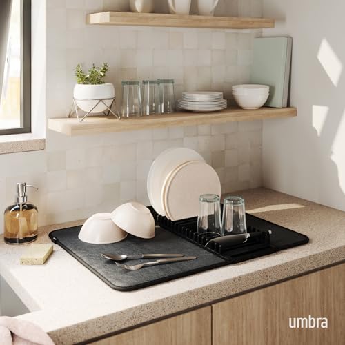 Umbra Udry Dish Rack and Microfiber Drying Mat – Space-Saving Design Folds Up for Easy Storage, Basic Rack, Black - color: Black, style: Basic Rack