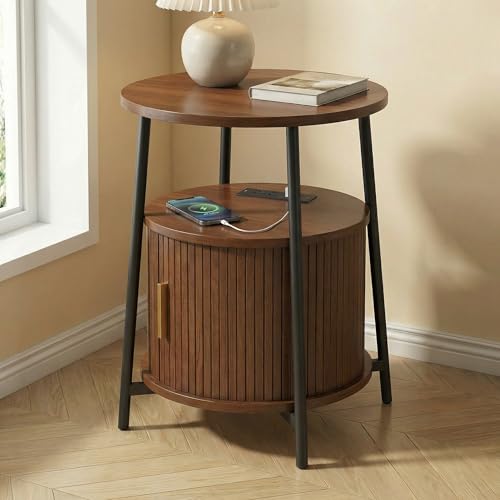 Round End Tables with Drawer: Fluted Side Table with Charging Station, Mid-Century Modern Nightstand with Sliding Door for Small Space Storage, Living Room, Bedroom - color: Walnut, size: 1 PACK