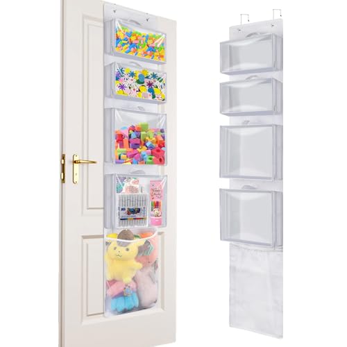 Over Door Organizer and Storage, Hanging Toy Holder with 4 Clear Removable Pouches, Toddler Room Wall Stuffed Animal Bag Case, Kids Playroom Closet Organization for Building Block, Puzzle - color: White