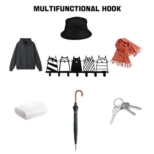 Key Holder Wall Mounted with Screws and Anchors, Black Multifunctional Key Hanger with 7 Hooks, Entryway Front Door Kitchen Hallway Garage Office - color: 5 Cats Black