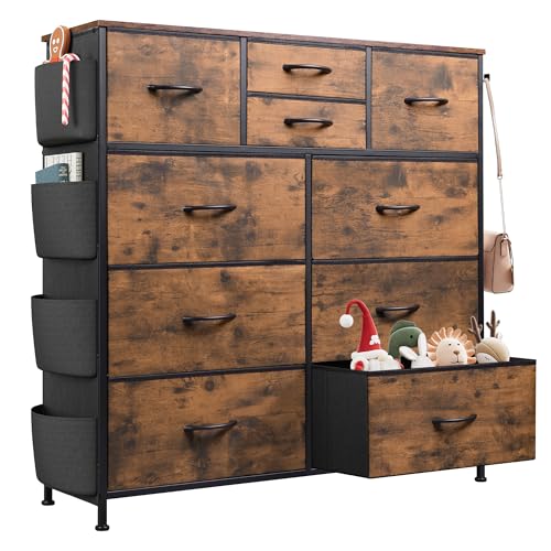 WLIVE Fabric Dresser for Bedroom with 10 Drawers, Chest of Drawers with Side Pockets and Hooks, Sturdy Metal Frame, Drawers Organizer Unit for Living Room, Hallway, Rustic Brown Wood Grain Print - color: Rustic Brown Wood Grain Print